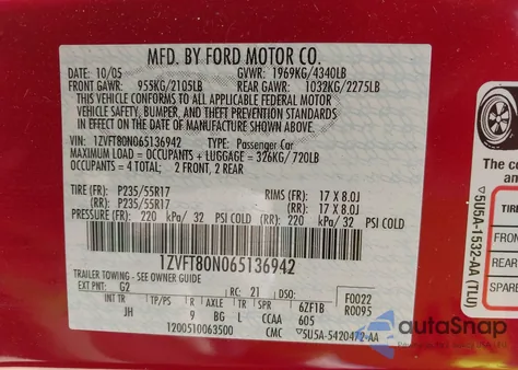 2006 Ford Mustang V6 из США, поврежденный, VIN 1ZVFT80N065136942